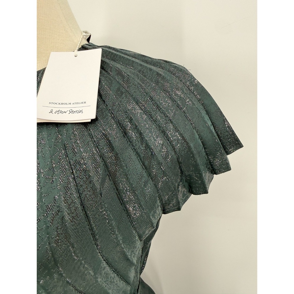& Other Stories Womens Green Shimmer Pleated Maxi Dress Size 4 Holiday NEW - Picture 7 of 16